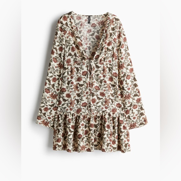 Divided H&M Womens Small Floral Long Sleeve Fall Mini Dress Boho Green Rust NEW - Picture 1 of 8